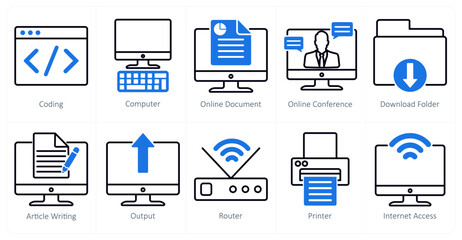 A set of 10 business and office icons as coding, computer, online document