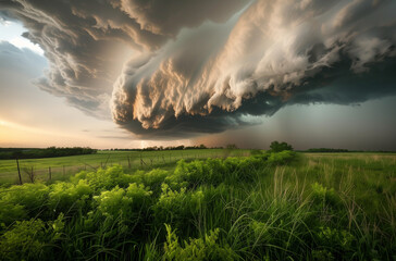 Dynamic supercell thunderstorm with dramatic clouds and intense lightning over open prairie at sunset.