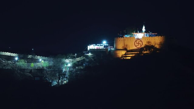 Garh Ganesh Temple, Jaipur, India. 18th-century Temple Of Lord Ganesh. Located On The Aravali Hills Near Nahargarh Fort And Jaigarh Fort. Travel Destination. Garh Ganesh Temple In Night Illumination