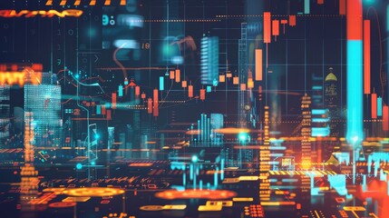Fintech: Financial graphs, digital currency symbols, and tech-infused bank elements layered artistically. 