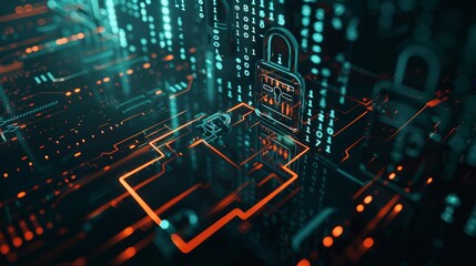 Encryption: A secure digital lock interface with layers of cryptographic code and padlocks in the background. 