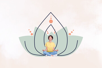 Composite collage image picture of mini girl meditate lotus flower isolated on creative background