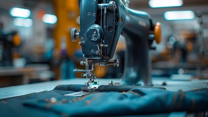 Fototapeta premium Detail of sewing machine and black leather under bright workshop lights