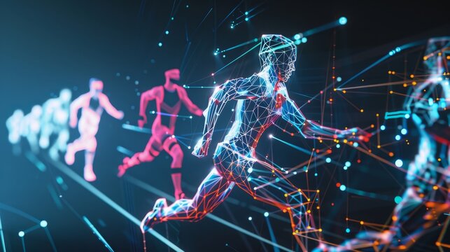 Sport Tech: Athletic figures overlaid with performance tracking data and motion analysis tools.