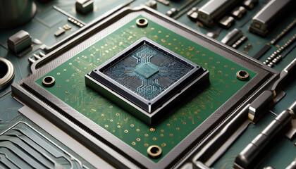 Close up complex computer microchip circuit board, microprocessor, integrated circuit, CPU village, semiconductor industry, generative ai