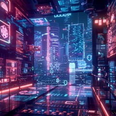 Futuristic Neon Cityscape with Digital Screens
