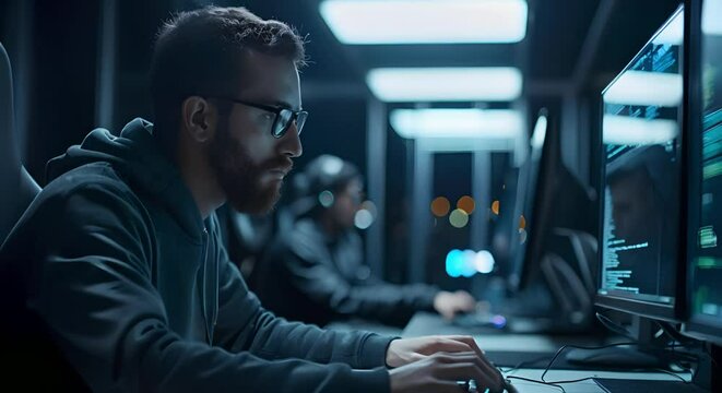 Protecting Network From Cybercrime: Cybersecurity Expert Typing on Computer Late at Night. Concept Network Security, Cybercrime Prevention, Cybersecurity Expert, late-night Typing