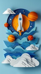 illustration of paper rocket in space, with different shades of blue, orange and white