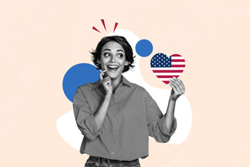 Creative abstract template collage of funny girl hold heart celebrating 4th july usa independence day unusual fantasy billboard comics zine