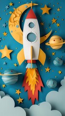 illustration of paper rocket in space, with clouds, moon, stars and planets around it