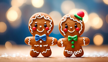 Fototapeta premium Cute gingerbread people with copy space