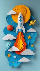 3d illustration of a colorful and marvelous space rocket crossing the clouds and planets