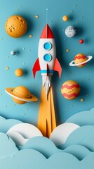 illustration of a colorful paper rocket going through the clouds