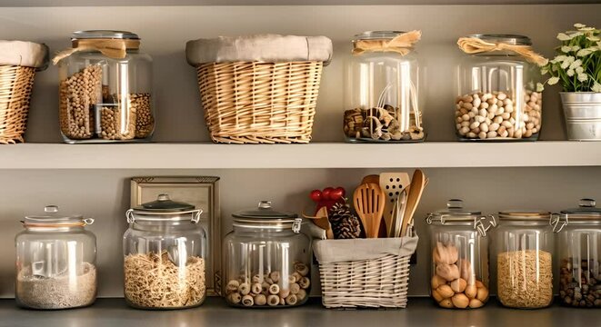 Chic pantry with glass jars and wicker baskets for an organized feel. Concept Organized Pantry, Glass Jars, Wicker Baskets, Chic Decor, Kitchen Styling