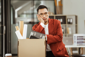 A middle-aged Asian businessman in a formal suit is working at his desk, preparing to resign after...