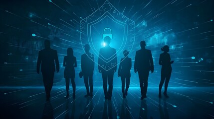 Background of the cyber security technology concept. Businesspeople silhouetted in a picture with glowing shield key lock illustrations