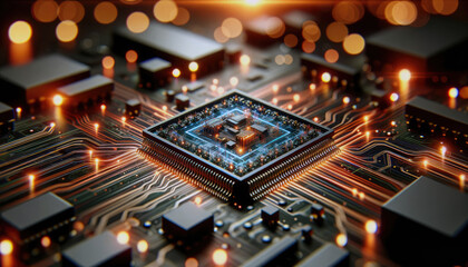 Obraz premium Close up Semiconductor chips and circuit boards for AI computer, Artificial intelligence and innovative advanced technology, quantum computing concept
