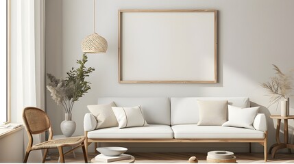  a mockup featuring a light wood frame on a white wall with basic Scandinavian-style furniture.