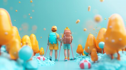 Obraz premium Couple hiking through a misty forest, with tall trees and soft light, Adventure, Digital, Cool and mysterious, Romantic and enchanting