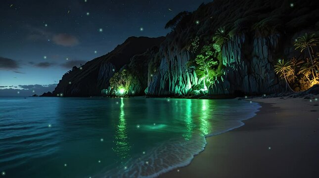 This is a video of a beach at night. The water is calm and there is a green glow on the beach. The sky is dark and there are stars in the sky.