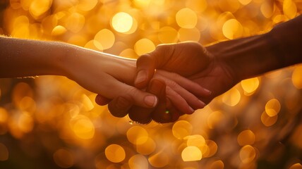 Obraz premium Two hands in pinky promise against a golden bokeh background