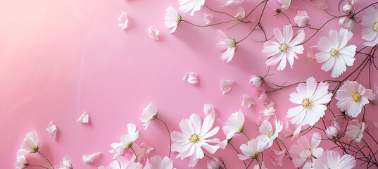 White Cosmos Flowers on Pink Pastel Background"