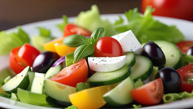 A close-up of a Greek salad with crisp cucumbers, juicy tomatoes, olives, red onions, and cubes of feta cheese, all garnished with fresh basil leaves. The colors are vibrant and fresh