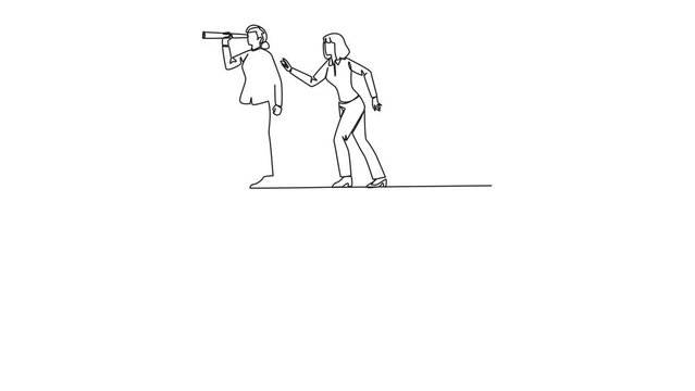 Animated self drawing of one line drawing businesswoman monitoring something at the edge of a cliff using binocular. Monitoring. Taken down by traitor from behind. Full length single line animation
