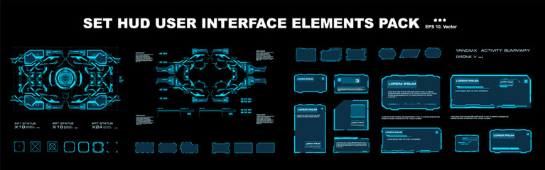 Big set of frames and complex elements for the interface. User interface windows and frames. Modern dialog boxes and HUD interface elements. Vector set templates with frames.eps