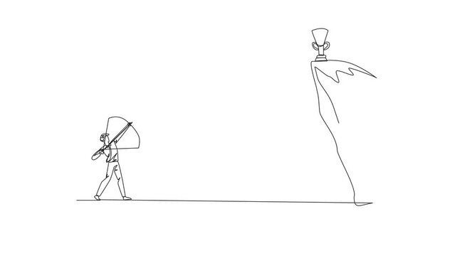 Animation of single continuous line drawing businessman wants to achieve prizes at the peak of the career. Getting resistance from all directions. Painful failure. Traitor. Full length motion