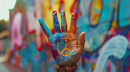 The sign of peace (pacifk or peace cross) is painted in bright colors on the man's palm. September 21 is the International Day of Peace