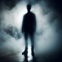 a mysterious silhouette against a foggy backdrop, evoking a sense of intrigue