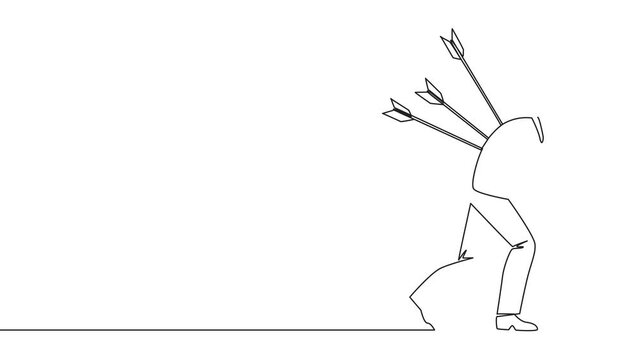 Animated self drawing of continuous one line drawing businessman standing and several arrows stuck in the back. Attacked from behind. Destroyed and helpless. Traitor. Full length single line animation