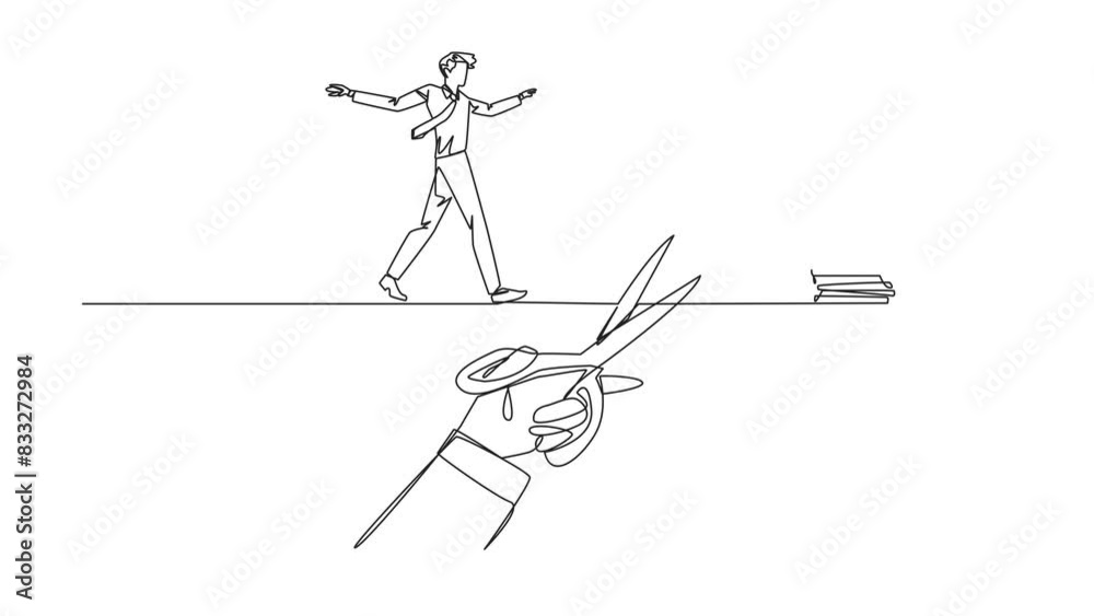Poster animated self drawing of continuous one line drawing businessman walking on tightrope from one cliff