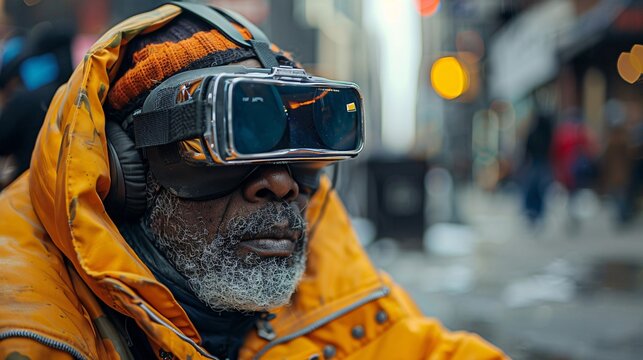 Editorial photo of a homeless individual wearing VR goggles on a city street, blending realism and technology