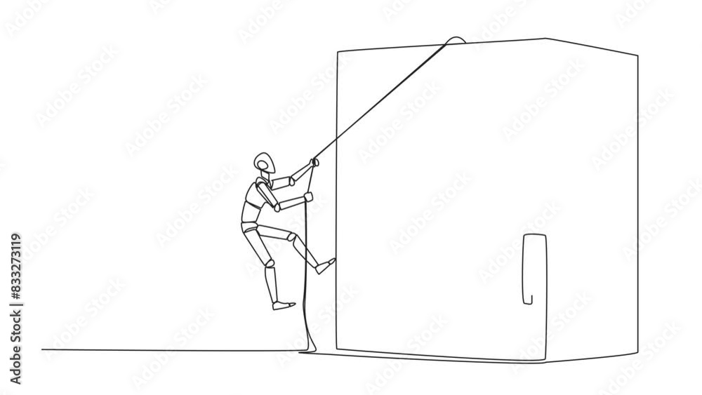 Poster animated self drawing of continuous one line drawing smart robot climbs safe deposit box with the ro