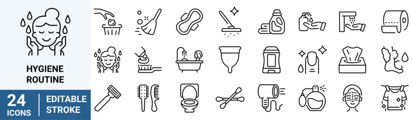 Hygiene Routine web line icons. Contains such Icons as washing hands, shower, antibacterial soap and more. Editable stroke.