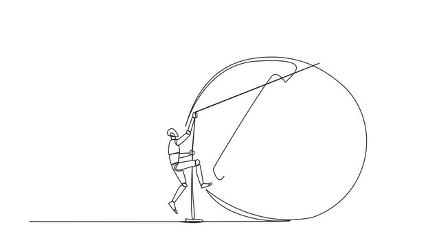 Animation of single one line drawing smart robot climbing money bag with the rope. Work harder to get a very large retirement fund. Bring out abilities to the maximum. Full length motion