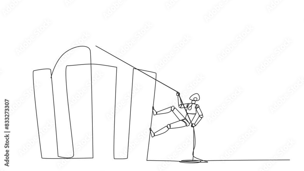 Poster animated self drawing of single continuous line drawing smart robot climbing gift box with rope. str