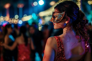 An enchanting masquerade ball featuring elegant attendees in stunning gowns and intricate masks with vibrant bokeh lighting