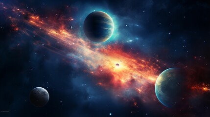 Dramatic space scene with planets, nebulae, and bright red energy core