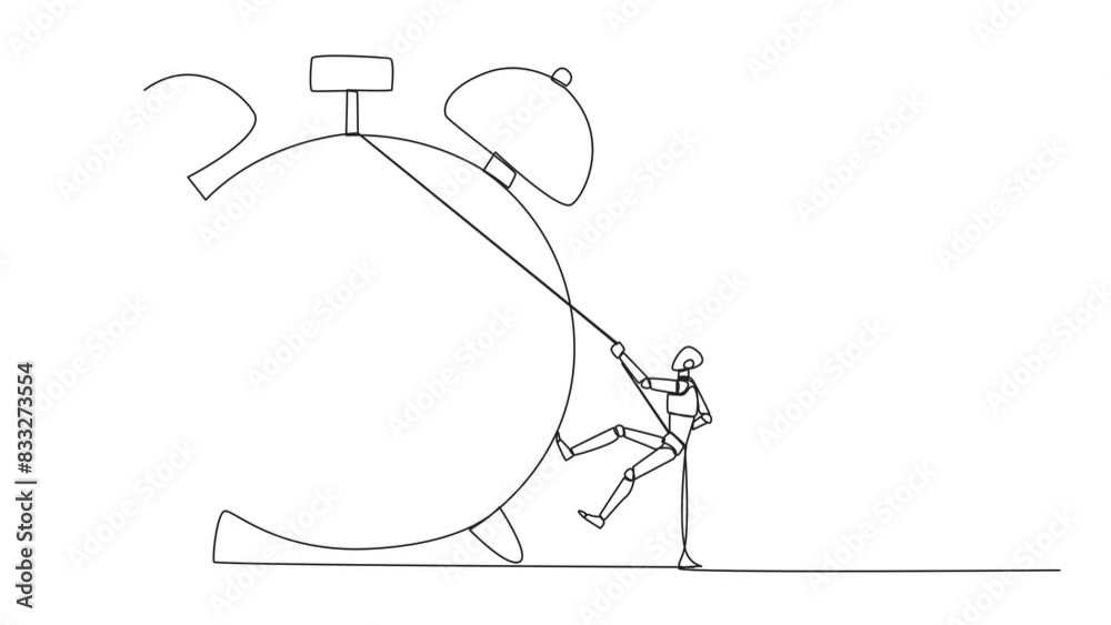 Poster animated self drawing of continuous one line drawing smart robot climbing alarm clock with rope. wor