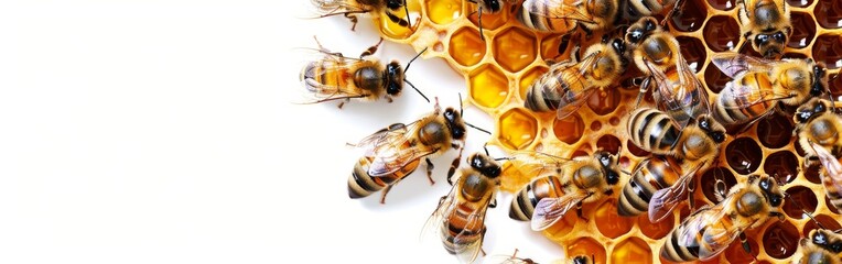 A group of bees sitting on a honeycomb, clustered together in their hive