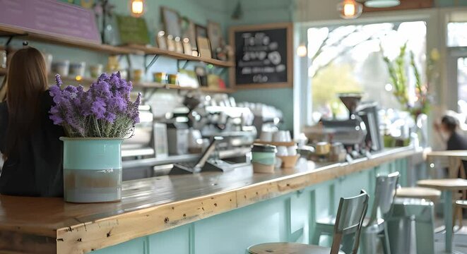 Charming small caf&eacute; with a cozy interior at a local coffee shop. Concept Small Cafe Interior, Cozy Ambiance, Local Coffee Shop, Charming Decor