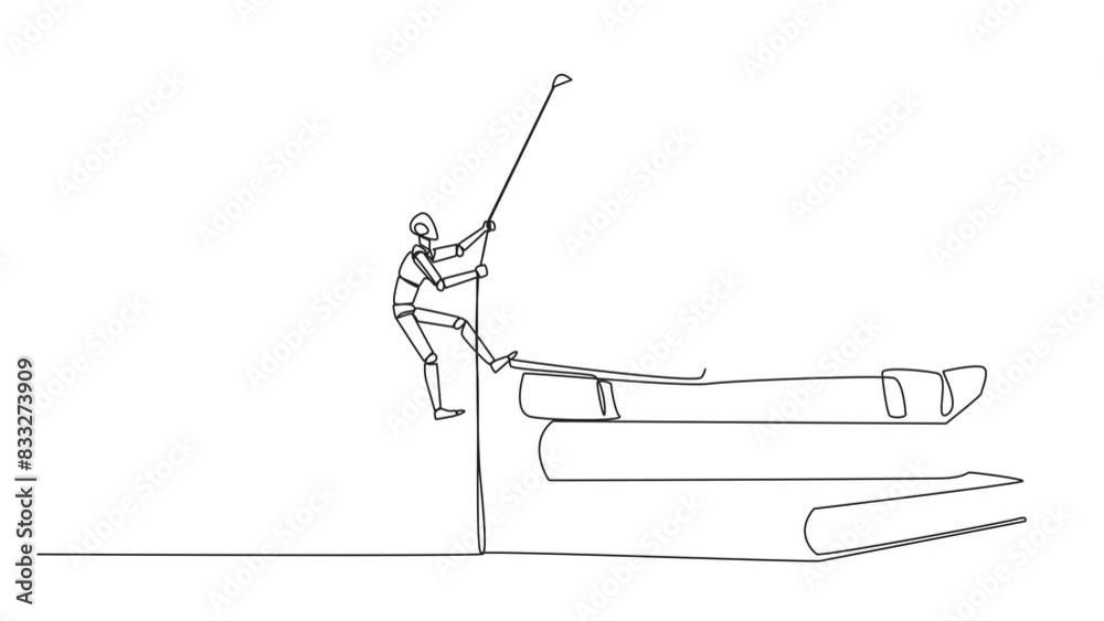 Poster self drawing animation of single continuous line drawing smart robot climbing a pile of books with a