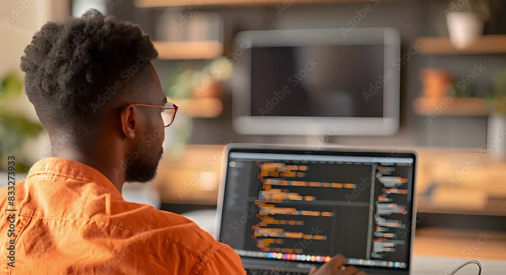 Poster close-up back view shot of a man coding on a laptop screen. concept technology, coding, close-up sho