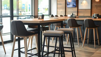 The bar table with high stools, set in a trendy pub, offering a casual spot for drinks and conversation with friends.