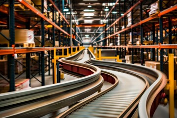 Professional Photography of conveyor systems transporting goods through different sections of the distribution center, Generative AI