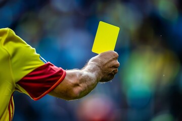 a soccer / football referee showing a yellow card on the field 