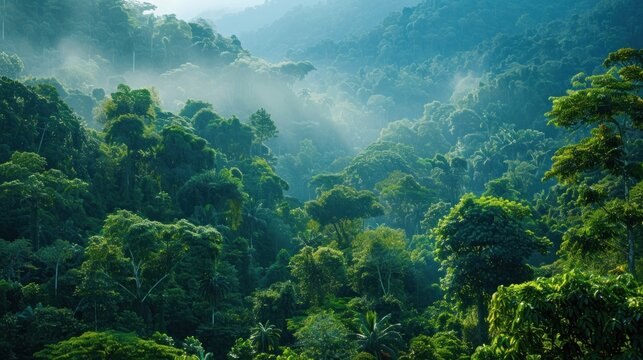 A lush tropical rainforest alive with the cacophony of wildlife, where towering trees form a verdant canopy overhead.